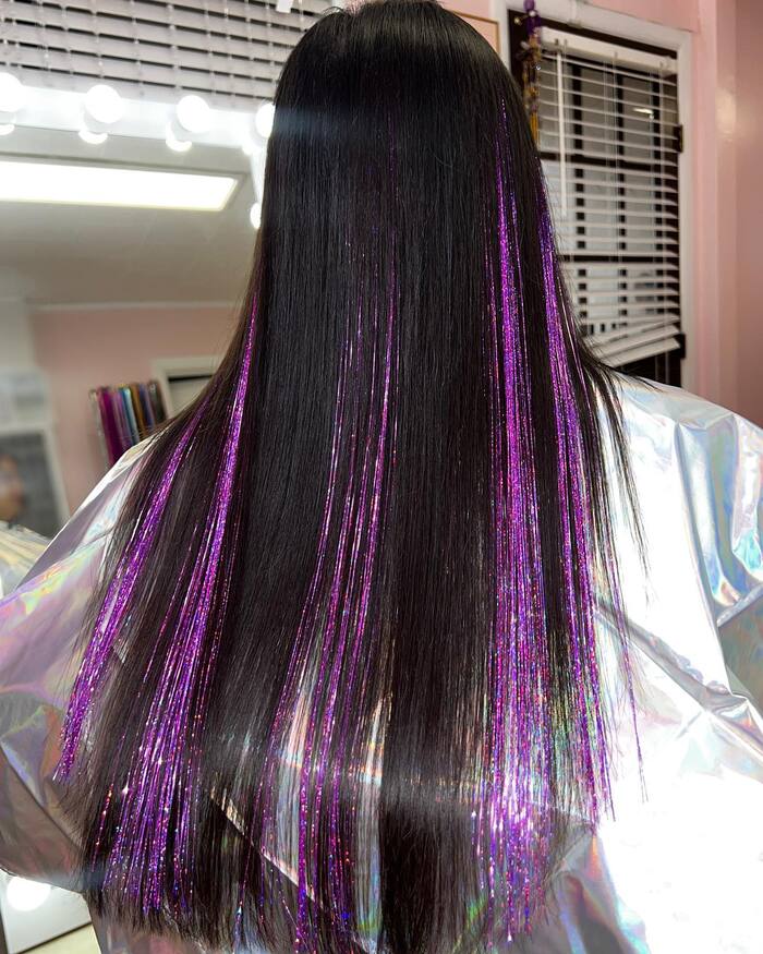 Purple Hair Tinsel in Dark Chestnut Hair