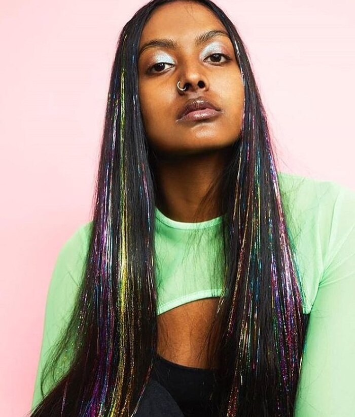 Rainbow Tinsel on Straight Black Hair