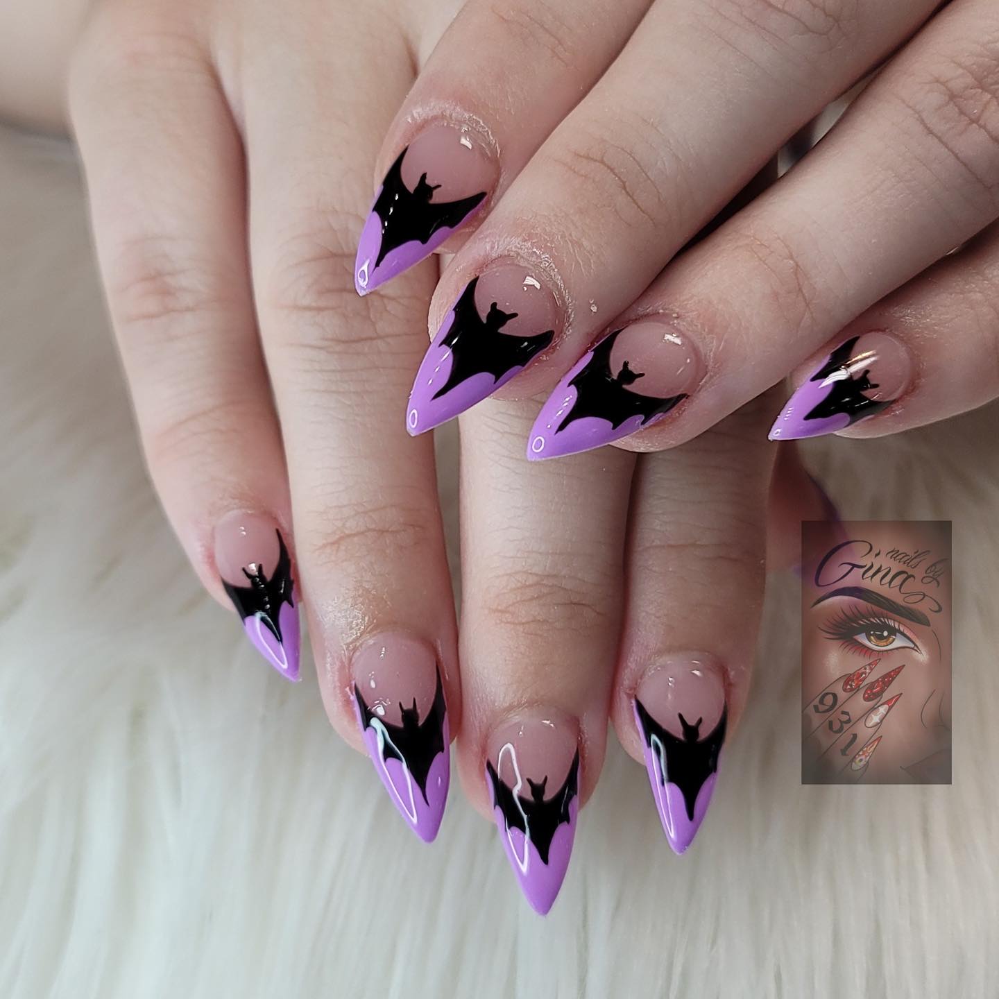 One more photo of simple natural nails with transparent base, black or white french tips and different halloween characters like skeletons, bats and pumpkins