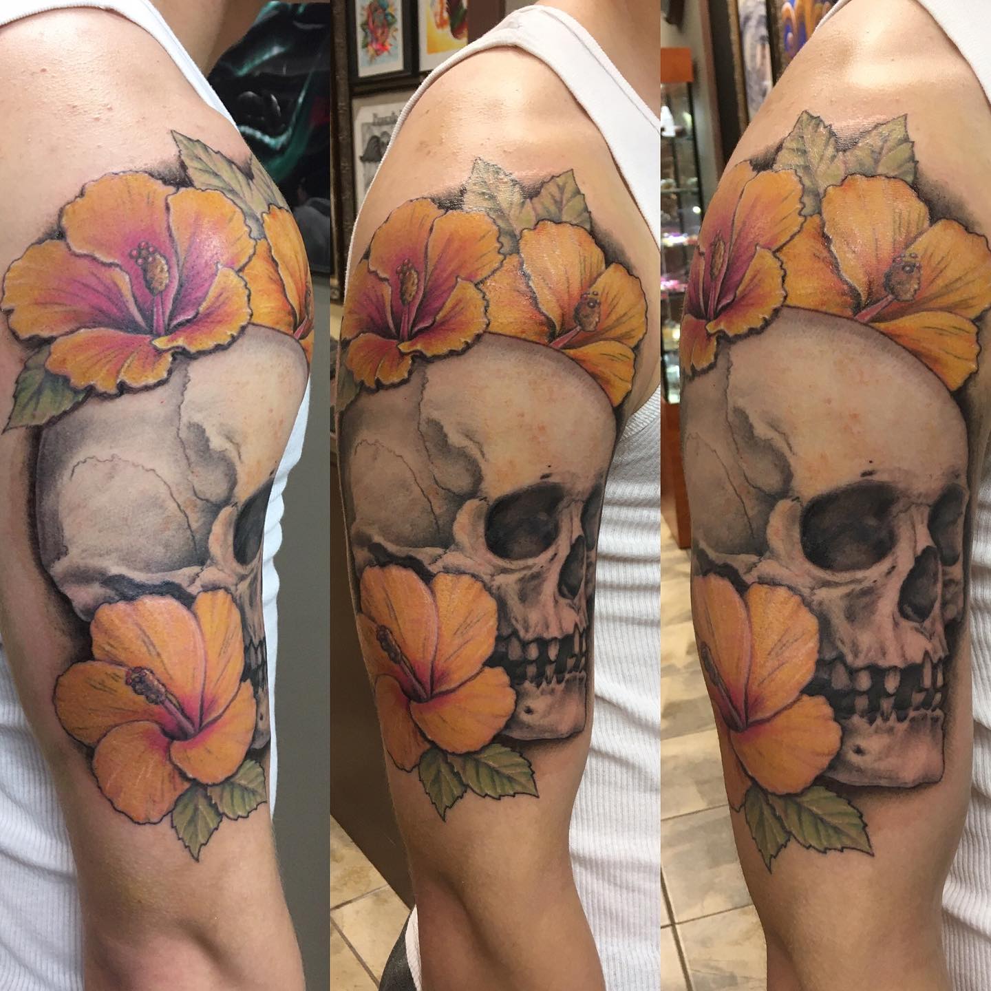 skull and hibiscus sleeve flower tattoo 