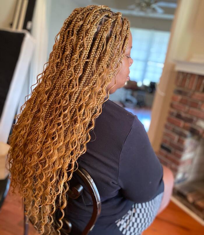 Faux braids in honey blonde color side view