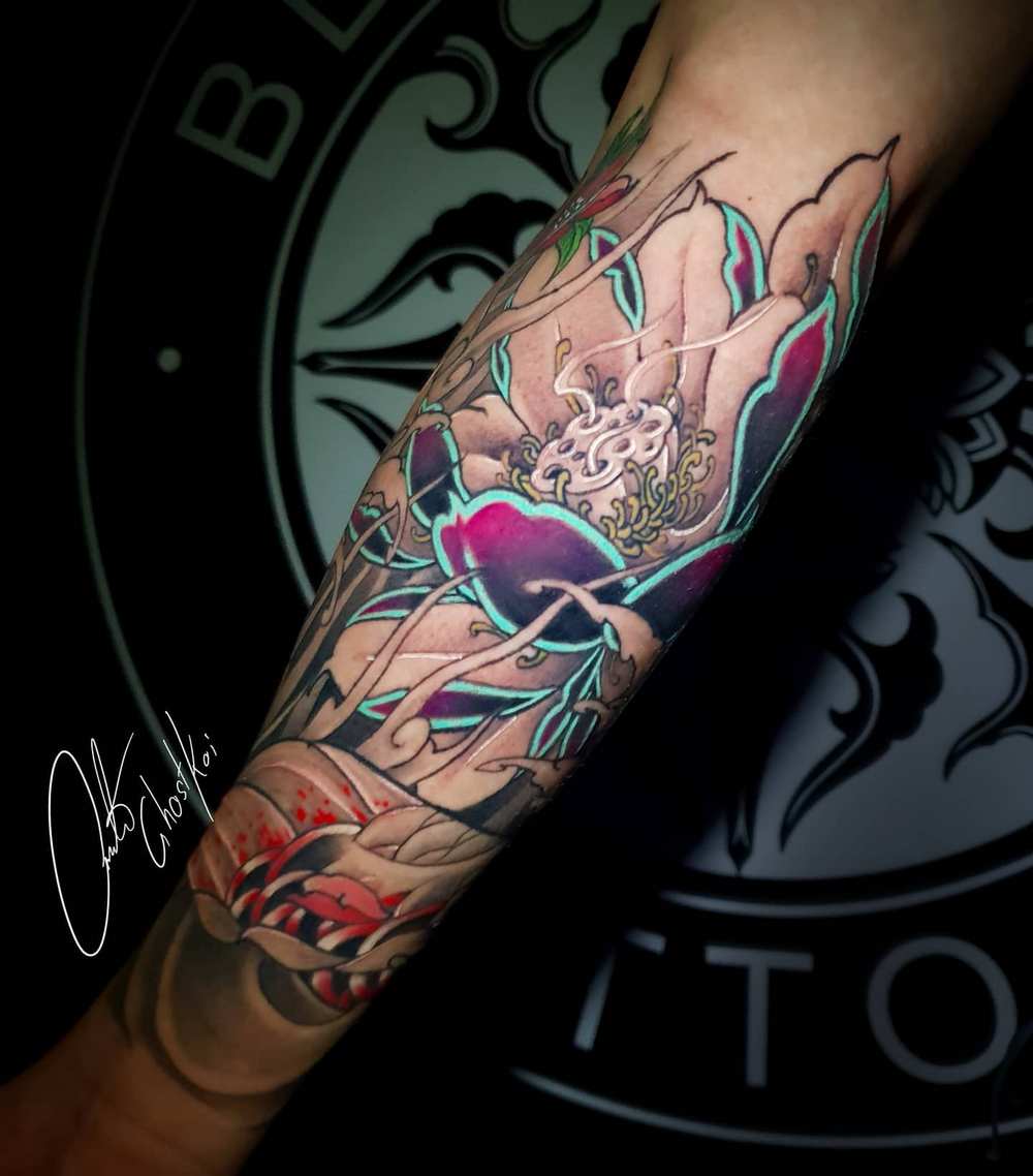 Neon colorful peonies bouquet, neon colored tattoo idea