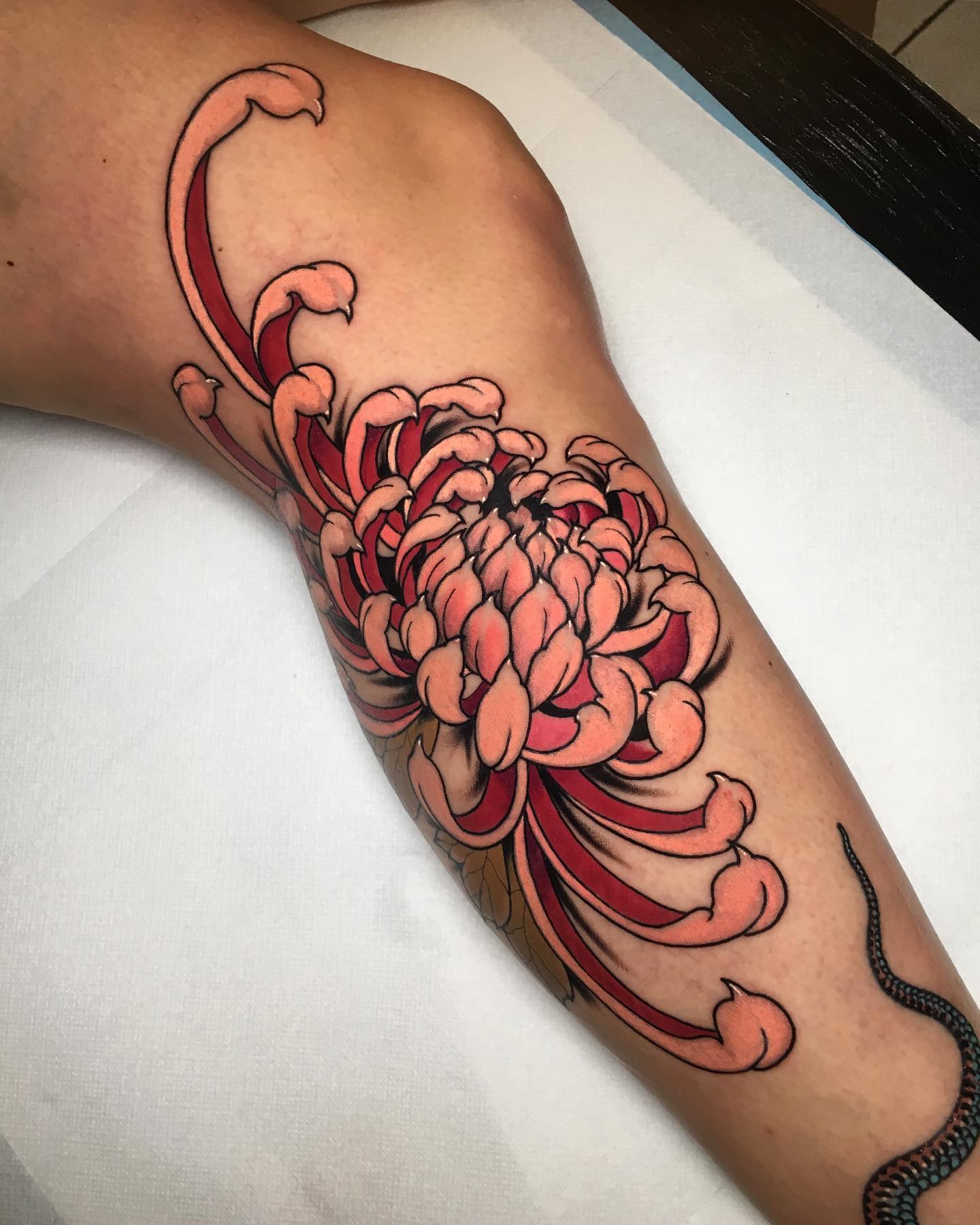 Татуировки цветов на ногах в японском стиле