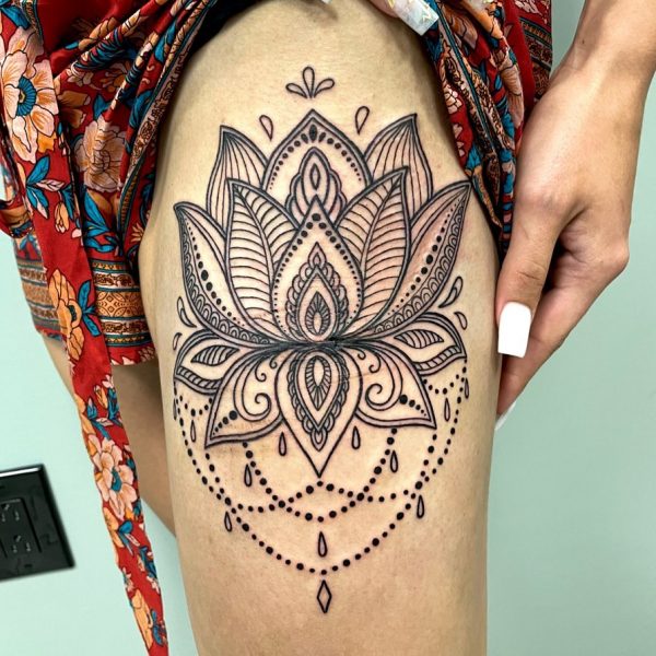 Thigh Lotus Flower Tattoo