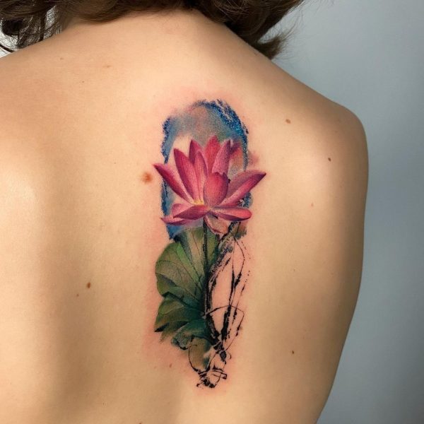 Watercolor Lotus Tattoo on Back