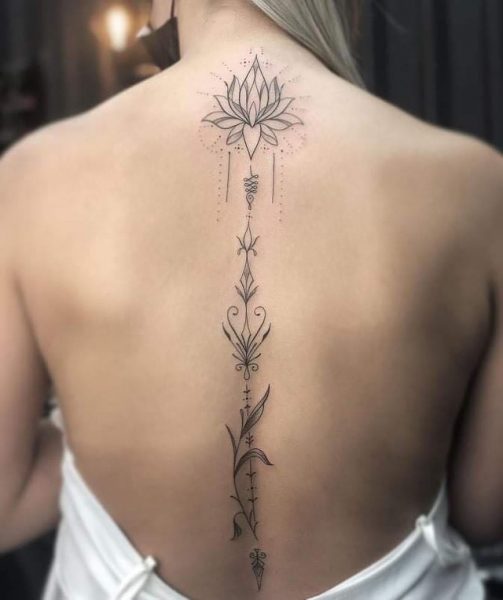 Spine Lotus Flower Tattoo