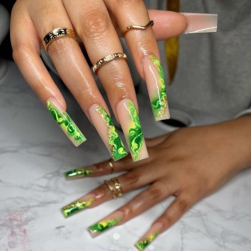 Lime Green Marble Coffin Nails