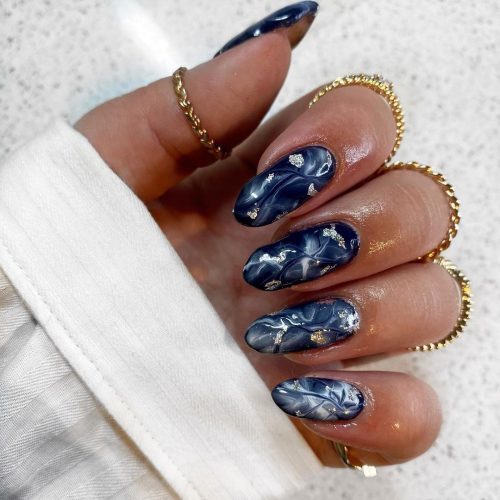 Blue and White Marble Nails