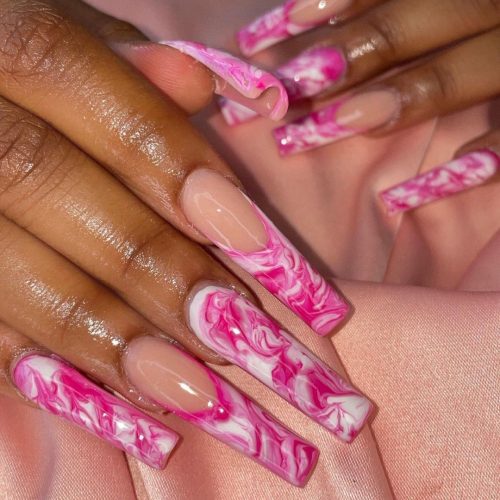 Pink and White Coffin Marble Nails