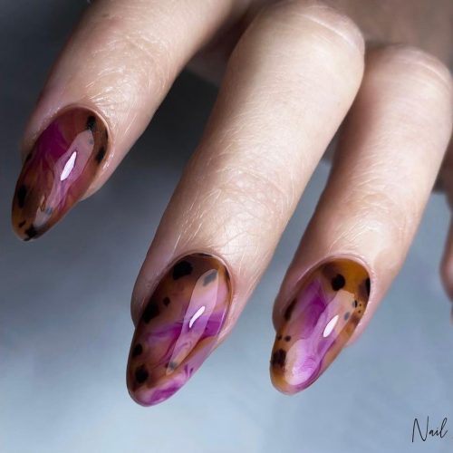 Brown and Pink Marble Almond Nails