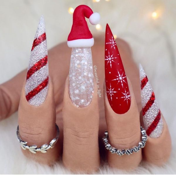 Red and White Stiletto Nails