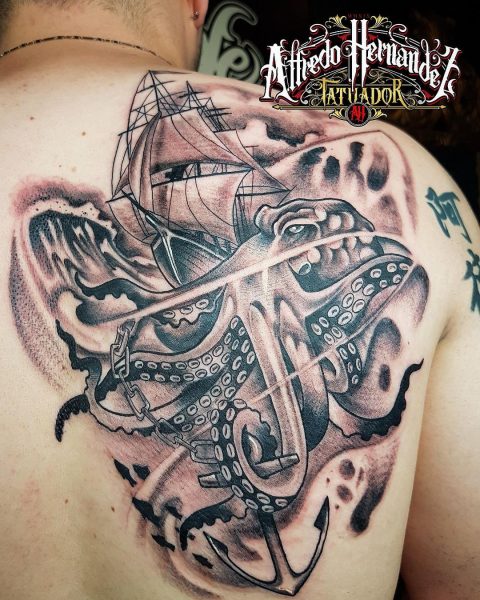 Octopus and Ship Tattoo on the back