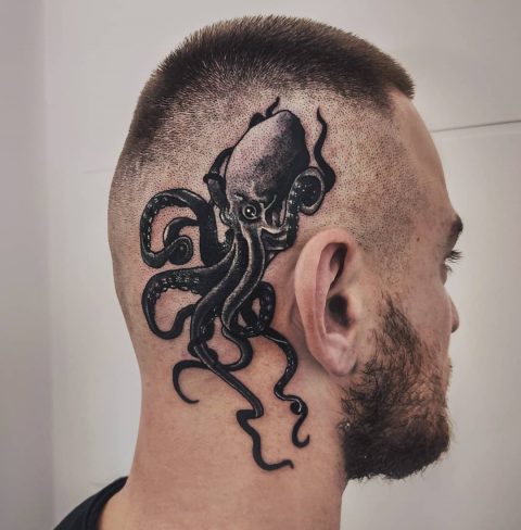 Black and White Octopus Tattoo on the head