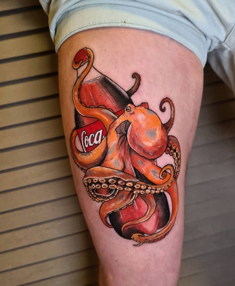 Orange Octopus and a bottle Thigh Tattoo