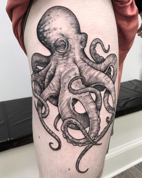 Black Octopus Thigh Tattoo