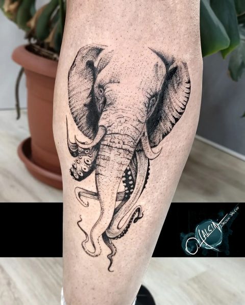Elephant Octopus Tattoo on the knee