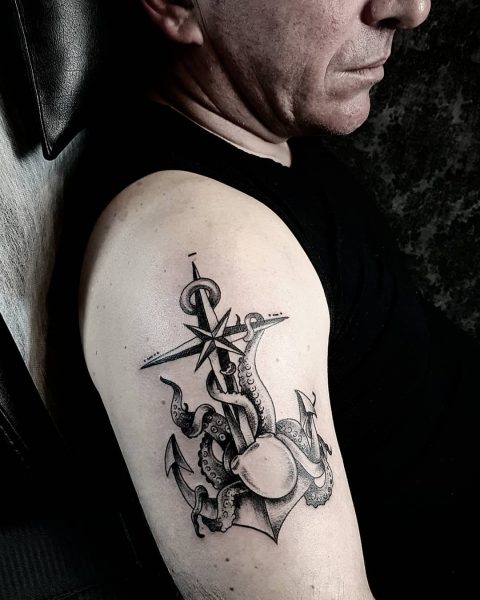Anchor Octopus Tattoo on Shoulder