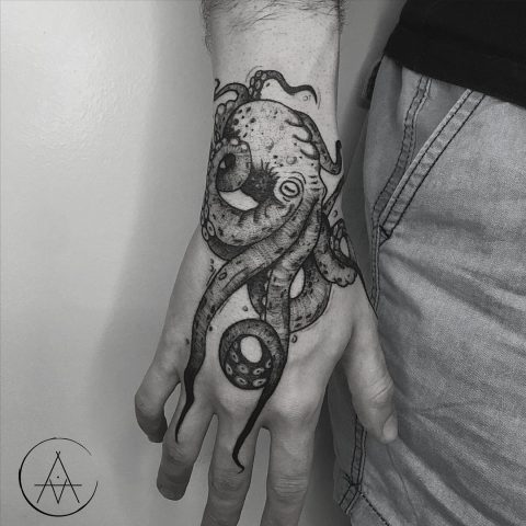 Octopus Hand Tattoo wrist and fingers