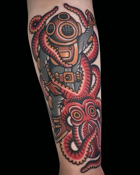 Red Neo Traditional Octopus Tattoo