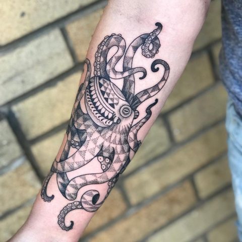 Geometric Octopus Tattoo on Forearm
