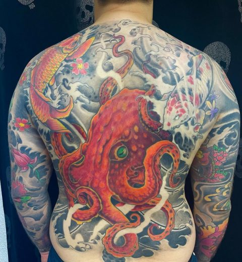 Colored Octopus Full Back Tattoo