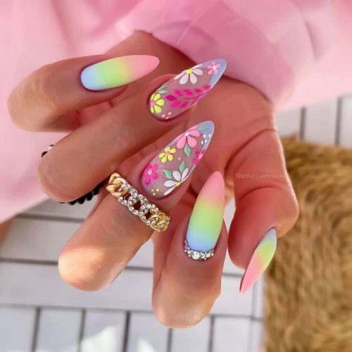 Rainbow Ombre Nails with Flowers