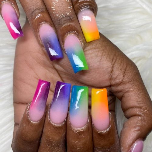 Coffin Rainbow Ombre Nails