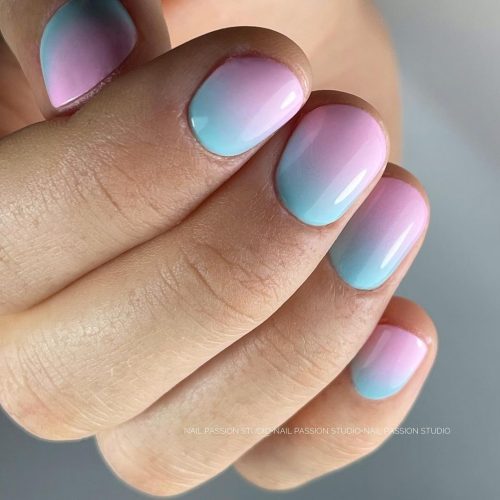 Pink and Light Blue Short Ombre Nails