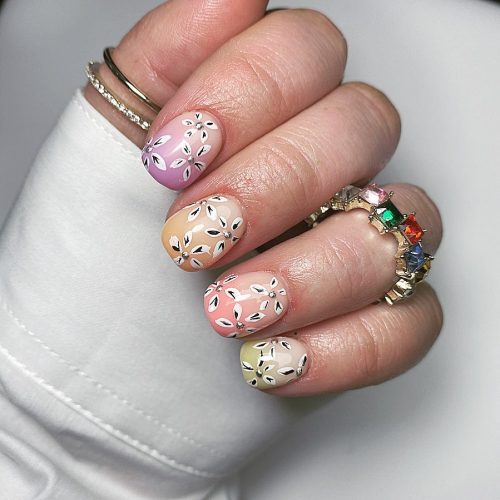 Short Ombre Nails with Flower Prints
