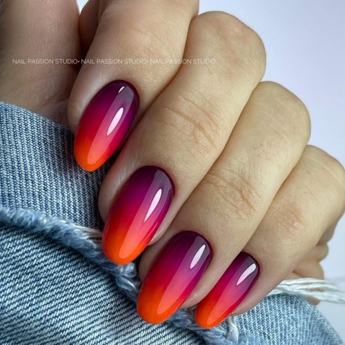 Short Burgundy and Orange Ombre Nails 