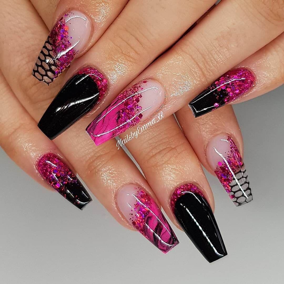 glitter pink and black nails