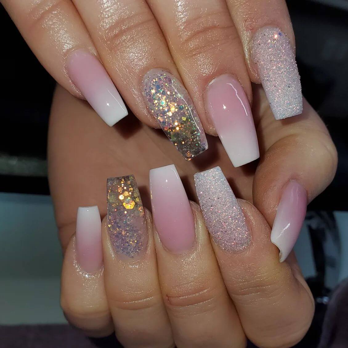 pink and white coffin nails with glitter