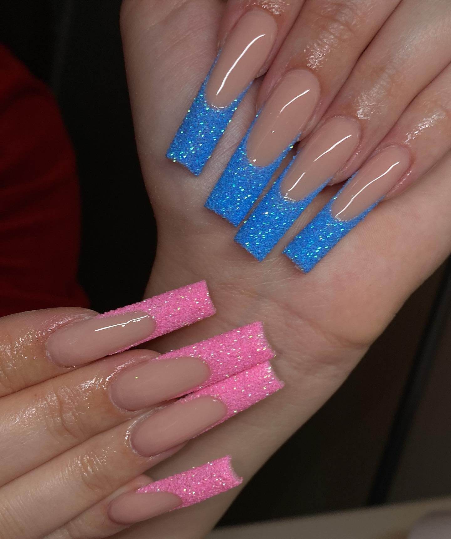 trendy pink and blue glitter nails