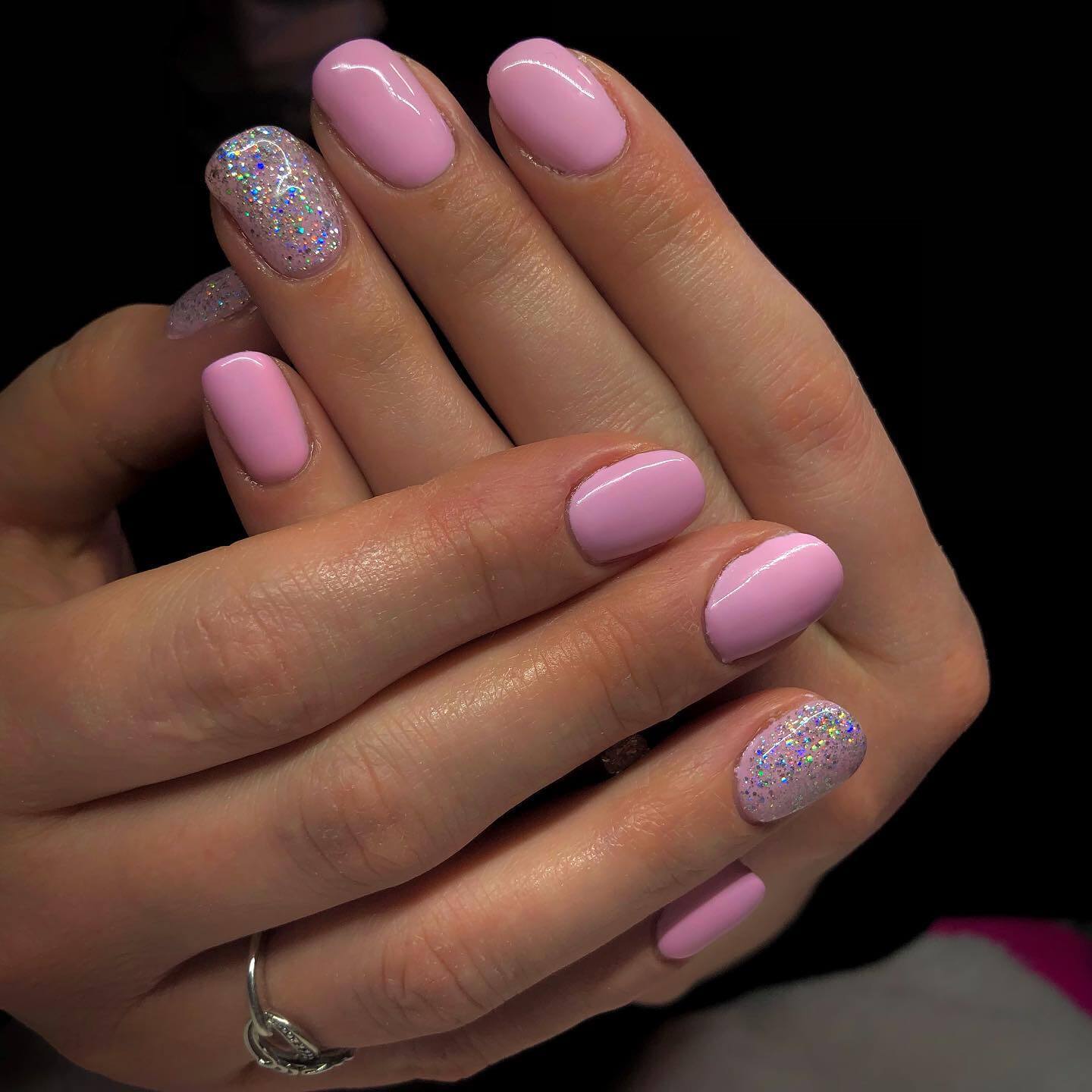 pink nails with silver glitter tips