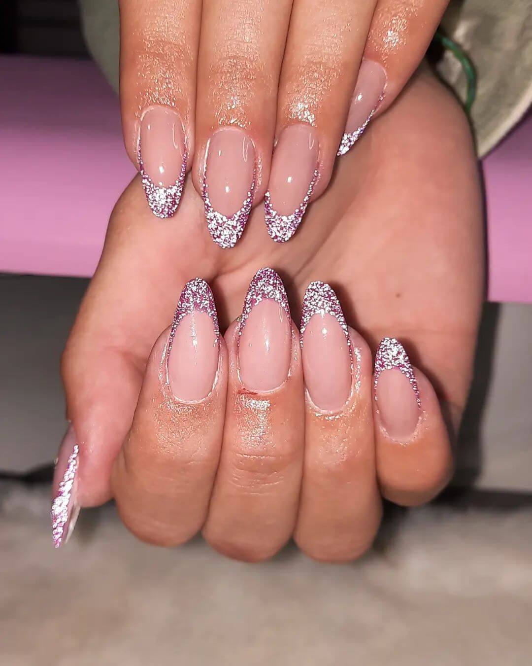 pink nails with glitter tips