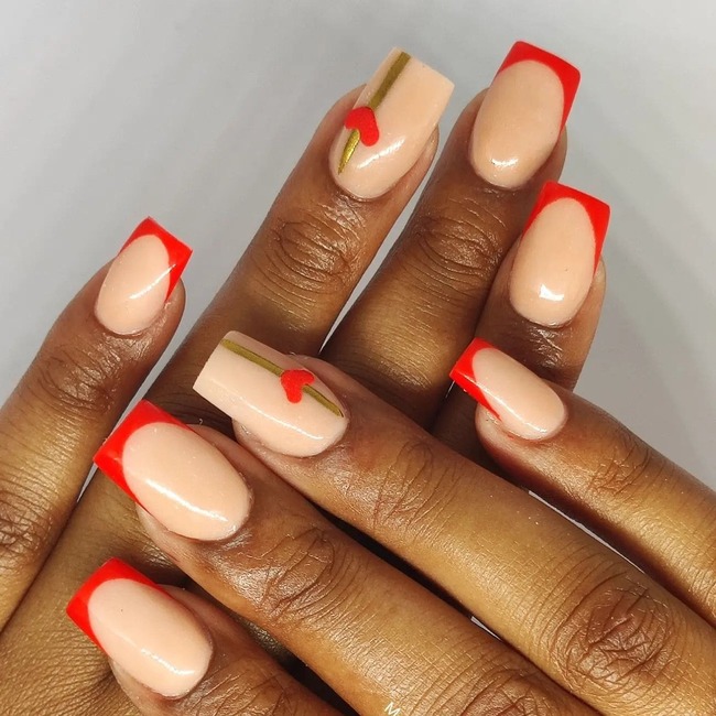 Red and Nude Square Nails