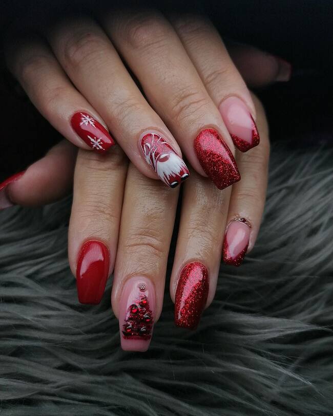 Red Glitter Nails With Snowflakes