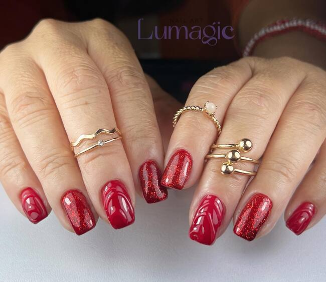 Red Nails With Glitter Accent