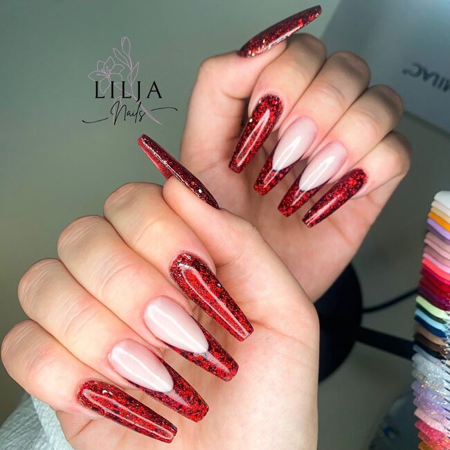 Red French Tip Glitter Nails