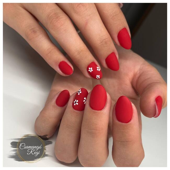 Red Matte Nails With Flowers