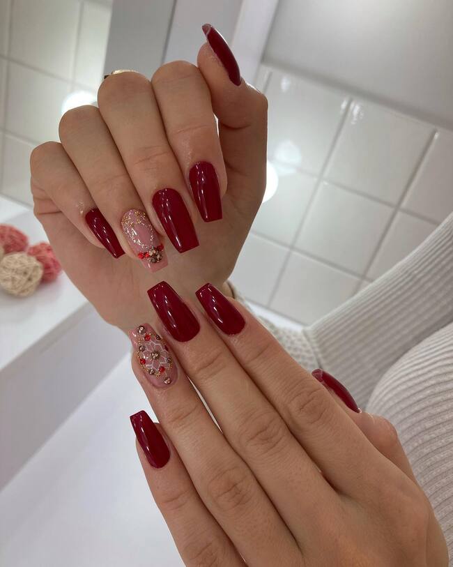 Deep Red Nails With Rhinestones