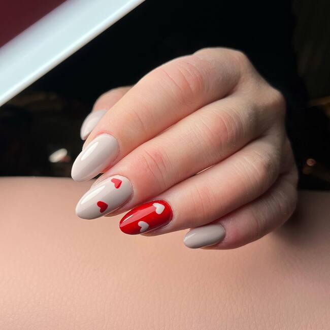 Milk White Nails With Red Hearts