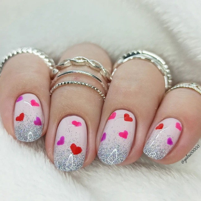 Red Hearts on White Glitter Nails