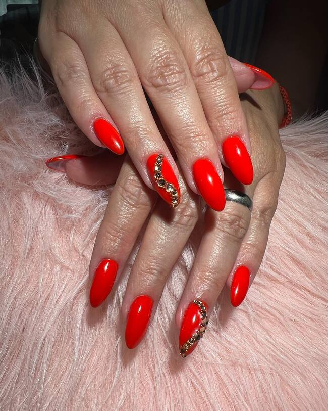 Red Nails With Diamond Accent