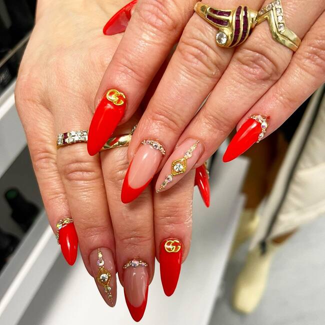 Red Nail Art With Rhinestones