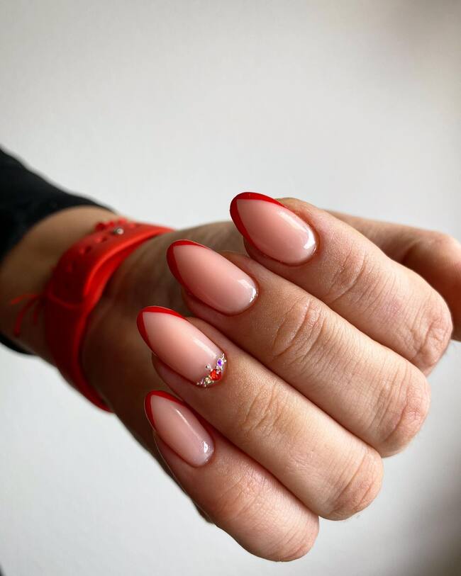 Red French Nails With Diamonds