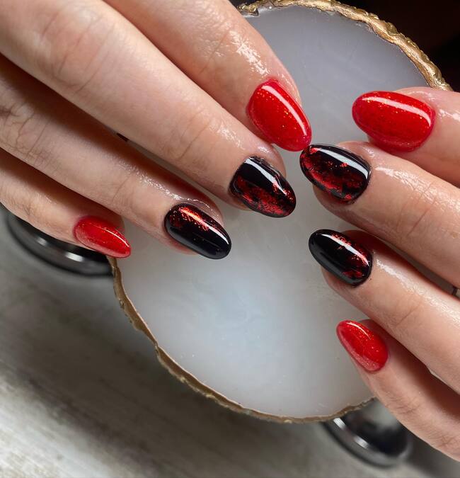 Black and Red Marble Nails