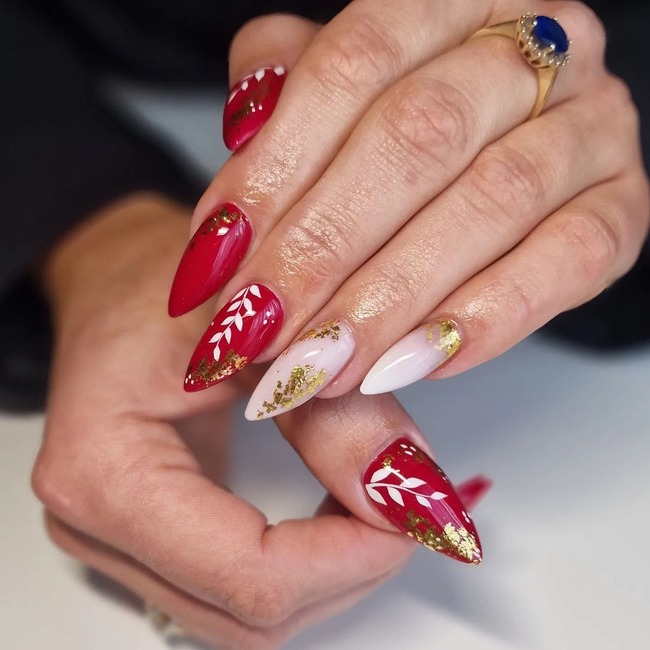 Red and Gold Almond Nails