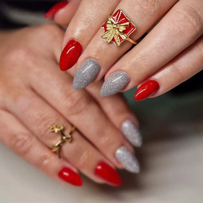 Red Nails with Silver Glitter