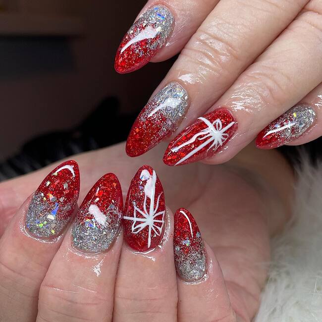 Red Nails with Silver Glitter Ombre